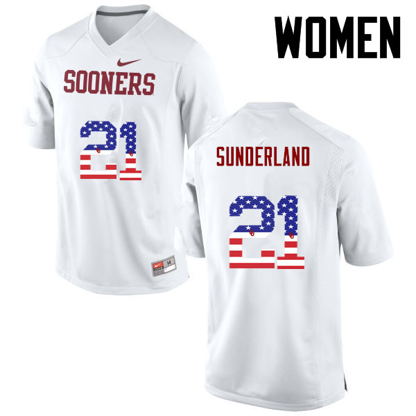 Women Oklahoma Sooners #21 Will Sunderland College Football USA Flag Fashion Jerseys-White - Click Image to Close